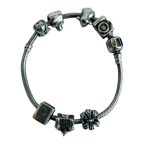 Vintage Pandora Charm Beaded Bracelet 925 Sterling Silver Bracelet w Charms - Picture 5 of 9